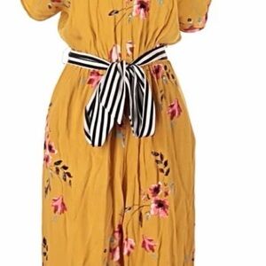 Anthro Corey Lynn Calter Mustard Floral Jumpsuit with Black & White Stripe Belt